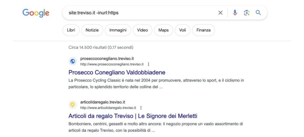 Esempio combinazione di comandi site: e -inurl: